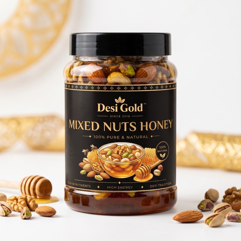 Desi Gold Mixed Nuts Honey – Pure Mountain Honey with Premium Dry Fruits & Nuts Mix (500g)